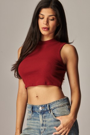 BELLA-01<br/>Rayon Ribbed Stretchy Cropped Mock Neck Tank Top