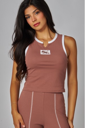 BELLA-100<br/>Cotton Blend Cutout Bust Embroidered Patch Tank Top