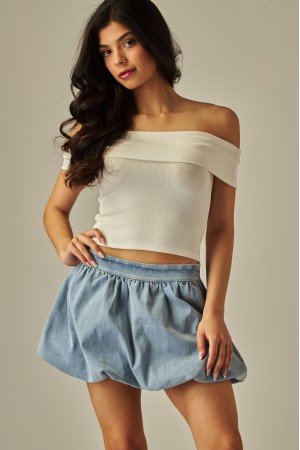 BUBBLE-100<br/>Denim Washed Bubble Mini Skirt Skort