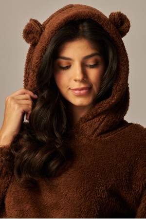 CLAIRE-02S<br/>Cozy Fleece Teddy Bear Ear Hoodie Pajama Set