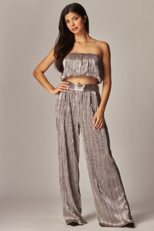 DULA-01S<br/>Metallic Foil Plisse Bubble Tube Pant Set