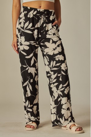 EVE02<br/>Printed Stretchy Ribbed Drawstring Pocket Wide Leg Pants