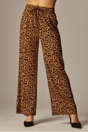EVE02<br/>Printed Stretchy Ribbed Drawstring Pocket Wide Leg Pants