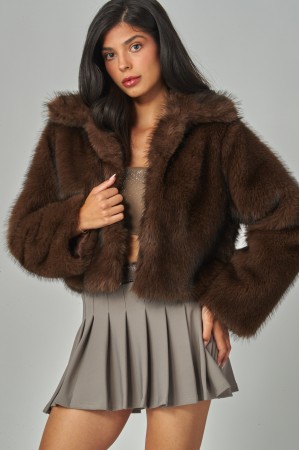 FOX-300<br/>Luxury Volume Long Collar Copped Faux Fur Jacket