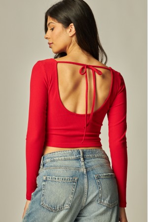 HALEY-01LS<br/>Soft Ribbed Open Tie Back Long Sleeve Top