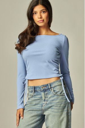 HALEY-02LS<br/>Soft Ribbed Long Sleeve Ruched Boatneck Top