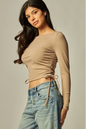 HALEY-02LS<br/>Soft Ribbed Long Sleeve Ruched Boatneck Top