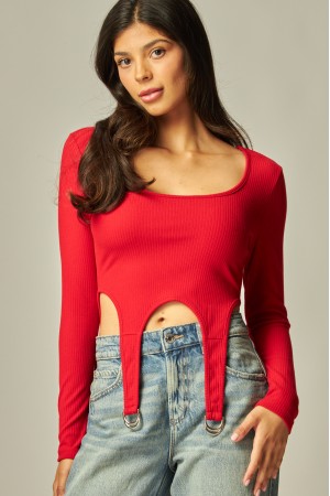 HALEY-03LS<br/>Soft Ribbed Garter D Ring Long Sleeve Top