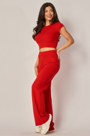 HALEY-101<br/>Soft Ribbed Crop Tee Wide Leg Pant Set