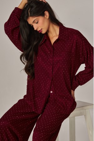 IRIS-11RH<br/>Crinkled Rhinestone Button Down Shirt Loungewear Set