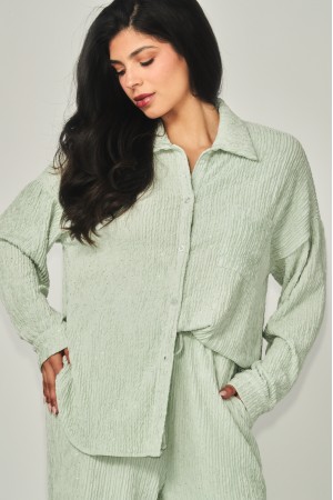 IRIS-11RH<br/>Crinkled Rhinestone Button Down Shirt Loungewear Set