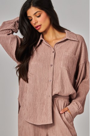 IRIS-11S<br/>Crinkled Plisse Button Down Shirt Loungewear Set