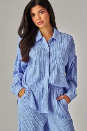 IRIS-11S<br/>Crinkled Plisse Button Down Shirt Loungewear Set