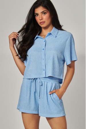 IRIS-16S<br/>Crinkled Plisse Button Down Shirt Loungewear Shorts Set