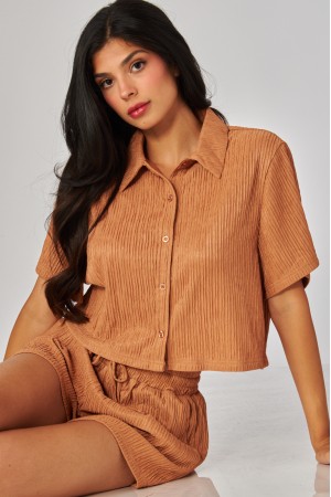 IRIS-16S<br/>Crinkled Plisse Button Down Shirt Loungewear Shorts Set