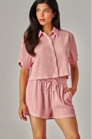 IRIS-16S<br/>Crinkled Plisse Button Down Shirt Loungewear Shorts Set