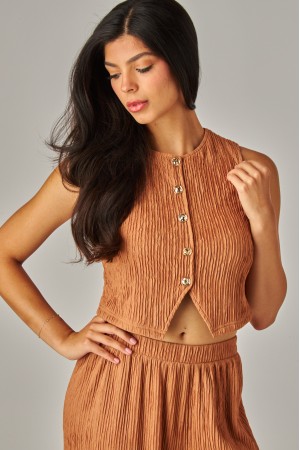 IRIS-17S<br/>Crinkled Plisse Waistcoat Top 2pc Pants Set