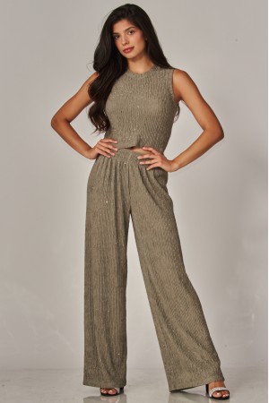 IRIS-1RH<br/>Crinkled Rhinestone Crop Top Loungewear Pant Set
