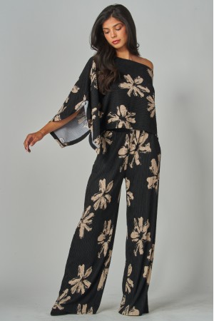 IRIS-22SP<br/>Print Crinkled Plisse Cape Kimono Luxury Pants Set
