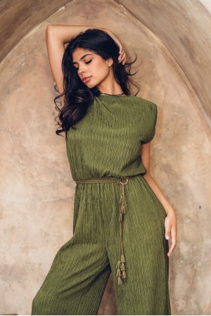 IRIS-7J<br/>Iris Crinkled Plisse Belt Tie Jumpsuit with Shoulder Pads