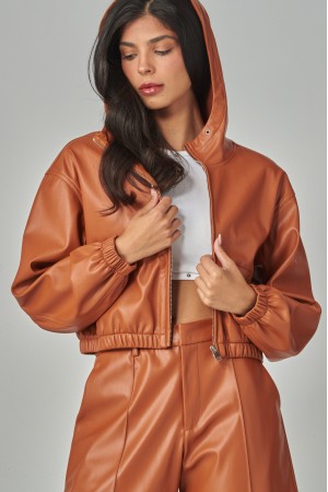 JACKSON-01<br/>Faux Leather Hoodie Jacket