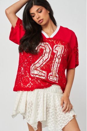 JESSIE-02<br/>Oversized Lace Graphic Jersey Tee