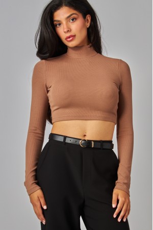JOLIE-17LS<br/>Ribbed Knit Cropped Mock Neck Long Sleeve Tee