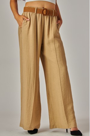 LAUREN-03P<br/>Linen Pleated Pants with Woven Rattan Stretch Belt