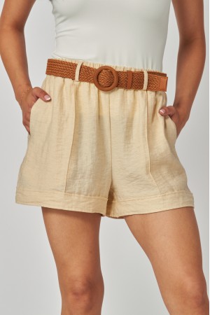 LAUREN-04S<br/>Linen Pleated Shorts with Woven Rattan Stretch Belt
