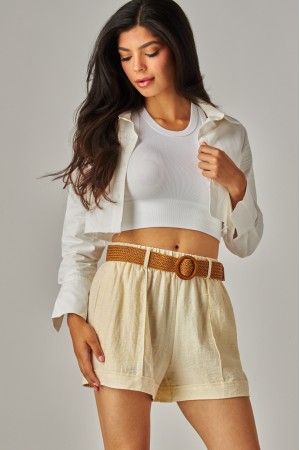 LAUREN-04S<br/>Linen Pleated Shorts with Woven Rattan Stretch Belt