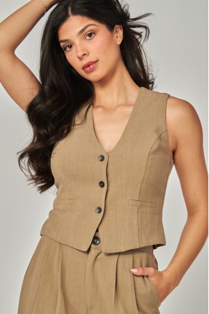 LAUREN-08T<br/>Linen Button-up V-neck Vest