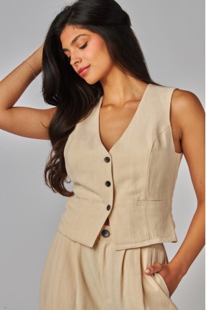 LAUREN-08T<br/>Linen Button-up V-neck Vest
