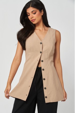 LAUREN-19<br/>Linen Button Front Mini Dress & Vest Top