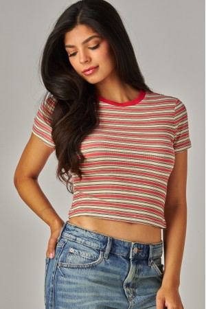 MIU-02<br/>Striped Rayon Ribbed Crop Tee