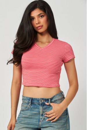 MIU-08<br/>Striped Cotton V-Neck Crop Tee