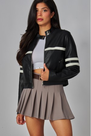 MOTO-100<br/>Faux Leather Bolt High-Collar Racing Stripes Biker Jacket