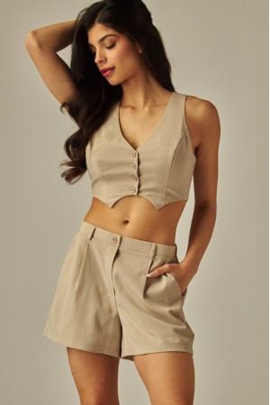 OFFY-4S<br/>Textured Woven Vest With Pleated Short Set