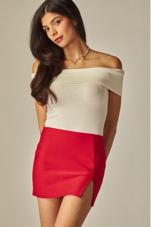 SCU711<br/>Scuba Slim Front-Slit Mini Skirt Skort