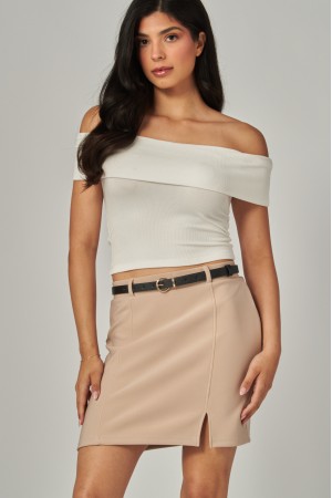 SCU718<br/>Scuba Side Slit Belted Skirt