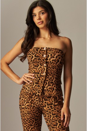 SCU801-PR<br/>Leopard Scuba Knit Strapless Button Front Tube Top