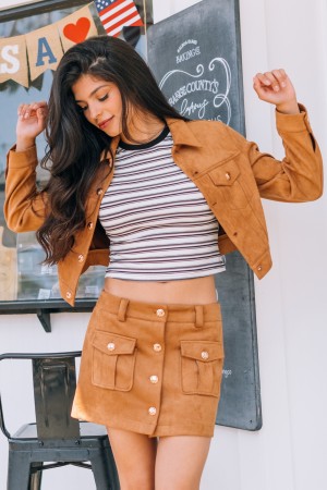 SUEDE-01<br/>Suede Flap Pocket Button Opening Mini Skirt