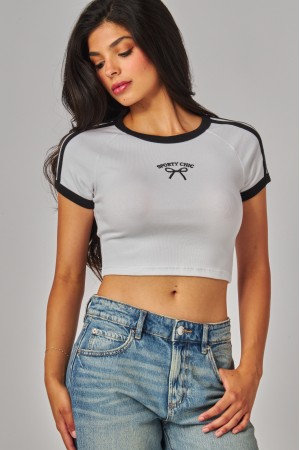 TEE-09<br/>Cotton Rib Sporty Chic Bow Embroidered Top