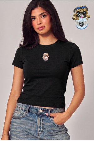 TEE-12 LAZY CUP PUG<br/>Cotton Blend Lazy Cup Pug Applique Top Tee